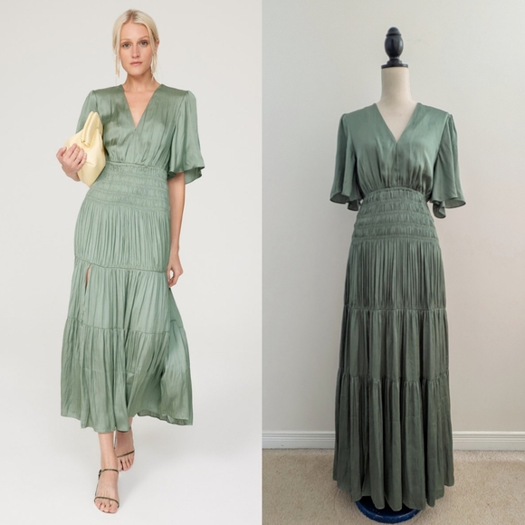 Maje Dresses & Skirts - Maje Green Satiny Smocked Waist Flutter Sleeve Maxi Dress